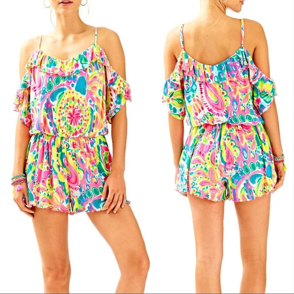 Lilly Pulitzer Fenella Come Out Of Your Shell Cold Shoulder Short Romper Small